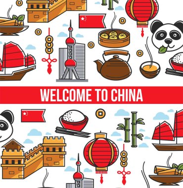 Çin kültürü Çin ülke sembolleri konumlar ve simge vektör Çin Seddi ve hong kong kule yeşil çay ve köfte ayı panda hoş geldiniz ve gemi pirinç ve fener bambu ve ulusal bayrak.