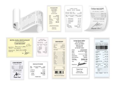 Shopping cash receipt paper checks and prices payment vector restaurant bill supermarket or grocery products purchases list clothes and supplies paper stripe entertainment and services payment. clipart