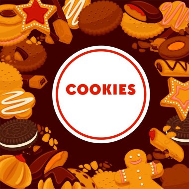 Pasta veya kurabiye pişirme fırın şekerlemeler amblemi yıldız alışveriş ve yiyecek vanilya tadı pişirme gingerbread adam ve çilek reçeli çikolata tüp buğday un çerçeve çatlar C'eclair mağaza daire.