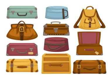 Sırt çantası ve el çantası Bagaj bavul Bagaj çanta vektör seyahat ve Turizm büyük evrak çantası veya carryon yolculuk ve gezi fermuar ve kemer veya kilit macera ve uçuş sırt çantası ve konteyner izole.