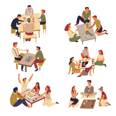 Domino ve satranç masa oyunları oyun kartları ve jenga izole karakter takım ya da arkadaşlarınızla birlikte istirahat ve eğlence eğlence eğlence aile üst çocuklar ve yaşlı hobi oynayan vektör.
