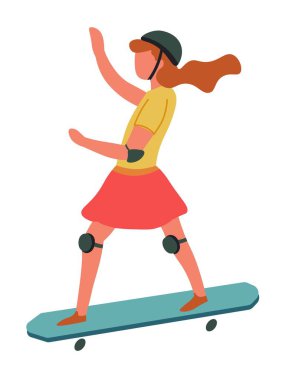 Dışarıda kız kask açık hava etkinliği veya spor vektör izole karakter kız öğrenci üzerinde koruma çocukluk oyunları ve sürme teen gemide eğlence patenci paten kaykay üzerinde oynayan çocuk.