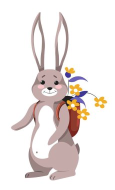 Sırt çantası mutlu tavşan tavşan taşıma çiçeklenir gülümseme ile yüz flora ve bahar çiçeği dekor tavşan easter izole karakter düz stil ve sırt çantası içinde yürürken kürklü ceket ile hayvan vektör.