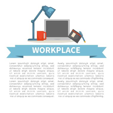 Dizüstü bilgisayar ve Organizatör çay bardağı ve lamba office çalışma vektör bilgisayarı ve Not Defteri ile kalem ışık ve sıcak iş veya iş rapor veya belge çalışma alanı defter iş ve meslek yazmadan içmek.