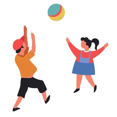 Erkek ve kız ve kauçuk top vektör izole karakter erkek Voleybol çocuklar eğlence okul öncesi ve okul çocuğu açık eğlence eğlence iskambil kardeşim atma dışında çocuk etkin oyunu.