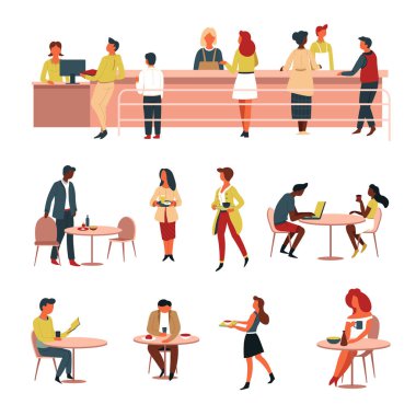 Gıda ve beslenme kantin satır nakit sayaç ve tablolar office vektör veya Üniversitesi satın alma ve yemek yemekler yemek Kasiyer öğle ve önlük iş arkadaşlarınızla birlikte yemek içinde satıcılar karakter izole.