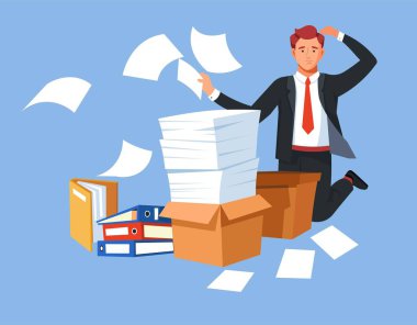 Evrak işadamı stres içinde aşırı klasörleri ve belgeleri vektör adam yazarak ve baskı yazma takım kutuları ve yaprak yığınları sözleşmeleri sinirli erkek karakter girişimci aşırı iş yükü.