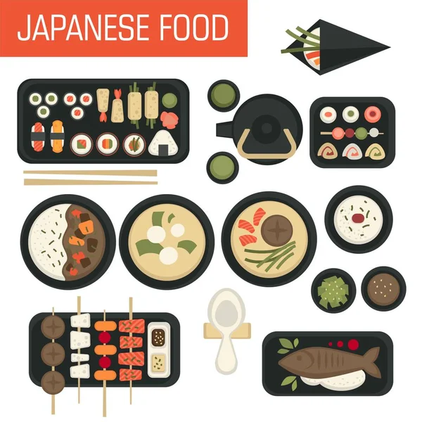 Zeevruchten Japans Eten Sushi Soepen Groene Thee Broodjes Vector Cup — Stockvector