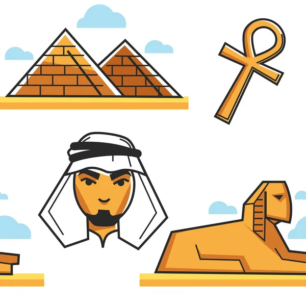 金字塔和狮身人面像贝都因和科普特交叉无缝模式向量埃及旅行大厦或建筑学埃及人宗教标志旅游业和旅行吸引力非洲国家标志沙漠 — 图库矢量图片