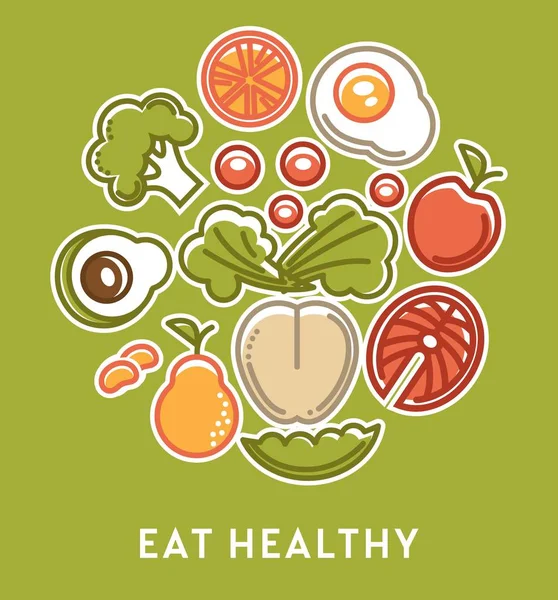 营养成分吃健康的蔬菜和水果与鱼向量鸡蛋和苹果三文鱼和花椰菜鳄梨和梨生菜和橙色有机食品素食菜单消化和代谢 — 图库矢量图片