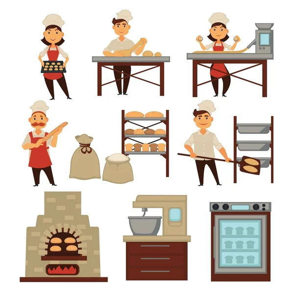 Baking Industry Bakery Bakers Bread Vector Isolated Characters Hat Aprons — Stock Vector