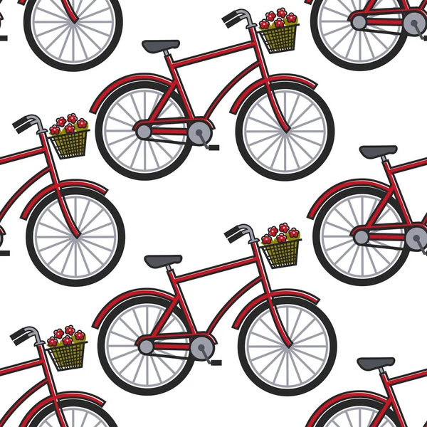 French city transport bicycle with flower basket seamless pattern vector France symbol bike plants transportation endless texture riding wheels and frame bouquet traveling and tourism European country.