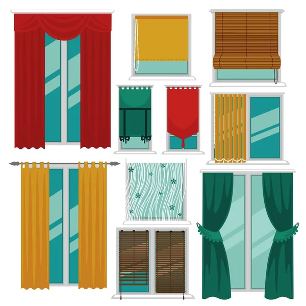 Fenêtres Avec Rideaux Stores Volets Tissu Bois Design Intérieur Vecteur — Image vectorielle
