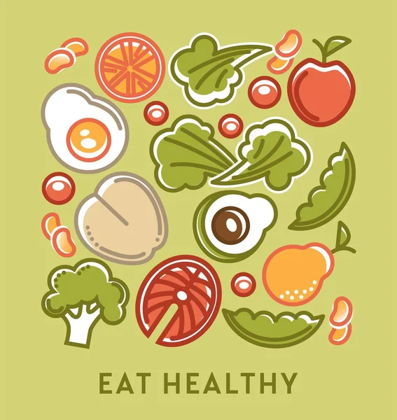 饮食营养吃健康的饮食和食物素食菜单矢量水果蔬菜和鱼卵和三文鱼橘子和苹果梨和豌豆鳄梨和桃子生菜和花椰菜豆代谢 — 图库矢量图片