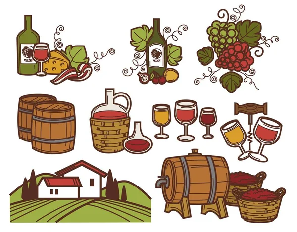 Weinbereitung Und Weingut Flaschen Und Gläser Fass Und Ranch Oder — Stockvektor