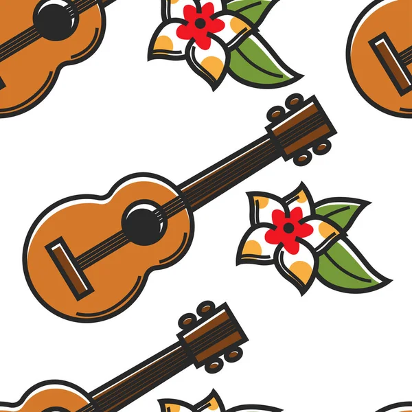 Цветок Plumeria Гавайская Гитара Бесшовный Шаблон Путешествия Гавайях Векторный Музыкальный — стоковый вектор