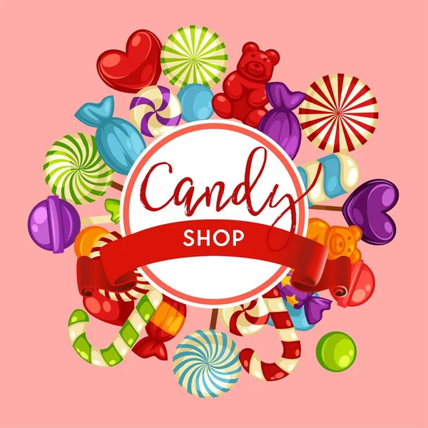 Dulces Dulces Tienda Dulces Piruletas Caramelo Tratar Vector Corazón Formas — Vector de stock