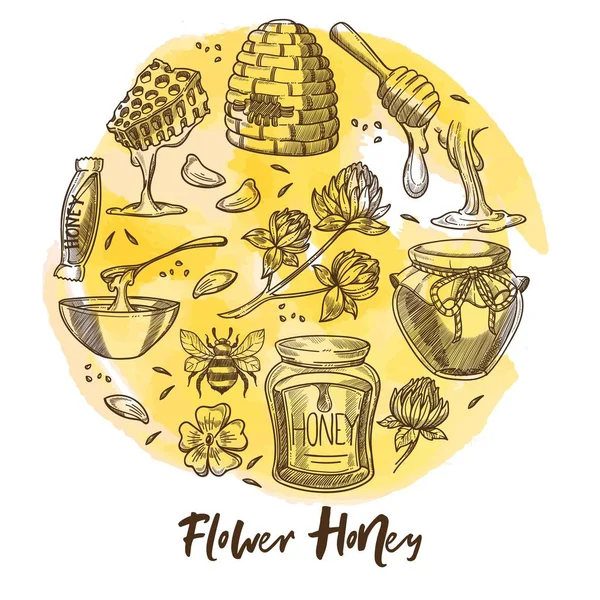Méhészet Honey Méhészeti Farm Méhsejt Beehive Vektor Méh Lóhere Jar — Stock Vector