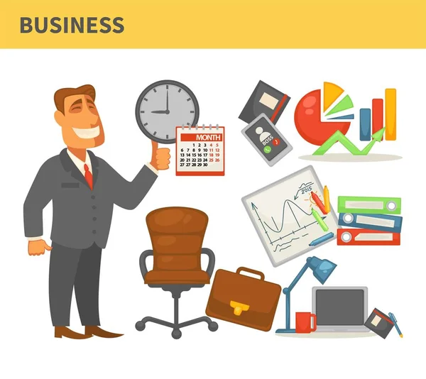 Employee or boss business office worker entrepreneur vector man in suit diagram and graphic profit growth leather briefcase document folders organizer and calendar and chair laptop and coffee cup.