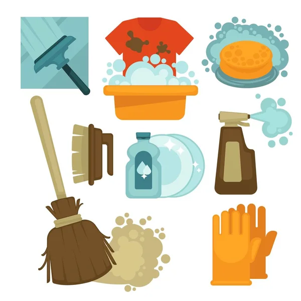 Βούρτσα Και Σκούπα Σφουγγάρι Και Γάντια Καθαρισμού Του Εξοπλισμού Και — Διανυσματικό Αρχείο