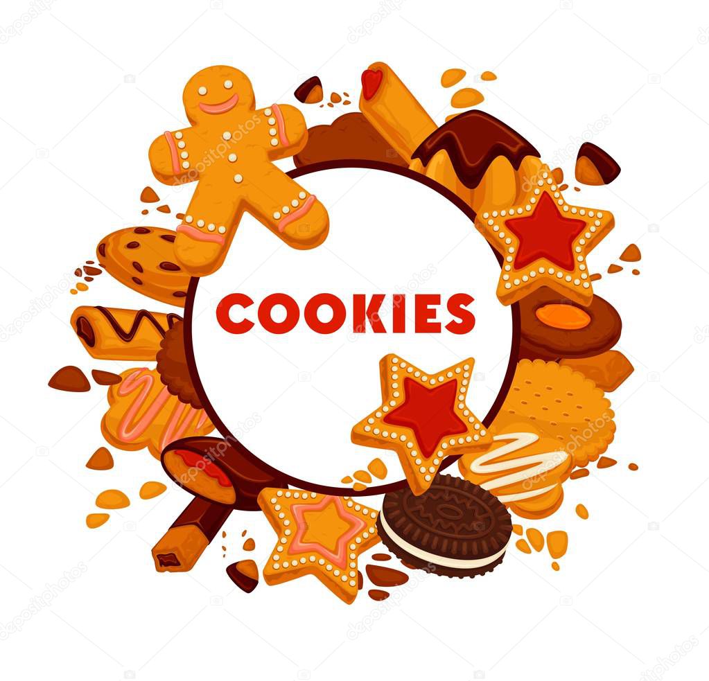 Bakery or pastry food cookies shop isolated round emblem vector chocolate and gingerbread man brownie cream or icing strawberry jam breakfast snack and tea time dessert or treat shapes flour dough.