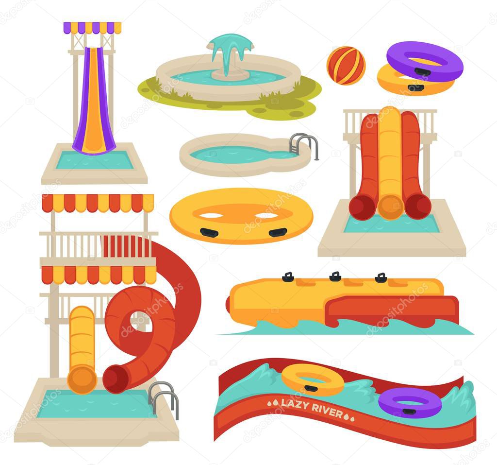 Aquapark swimming pool slides and inflatable ring water attractions vector isolated objects spiral tube and lazy river banana and ball summer entertainment activity and having amusement park pipe.
