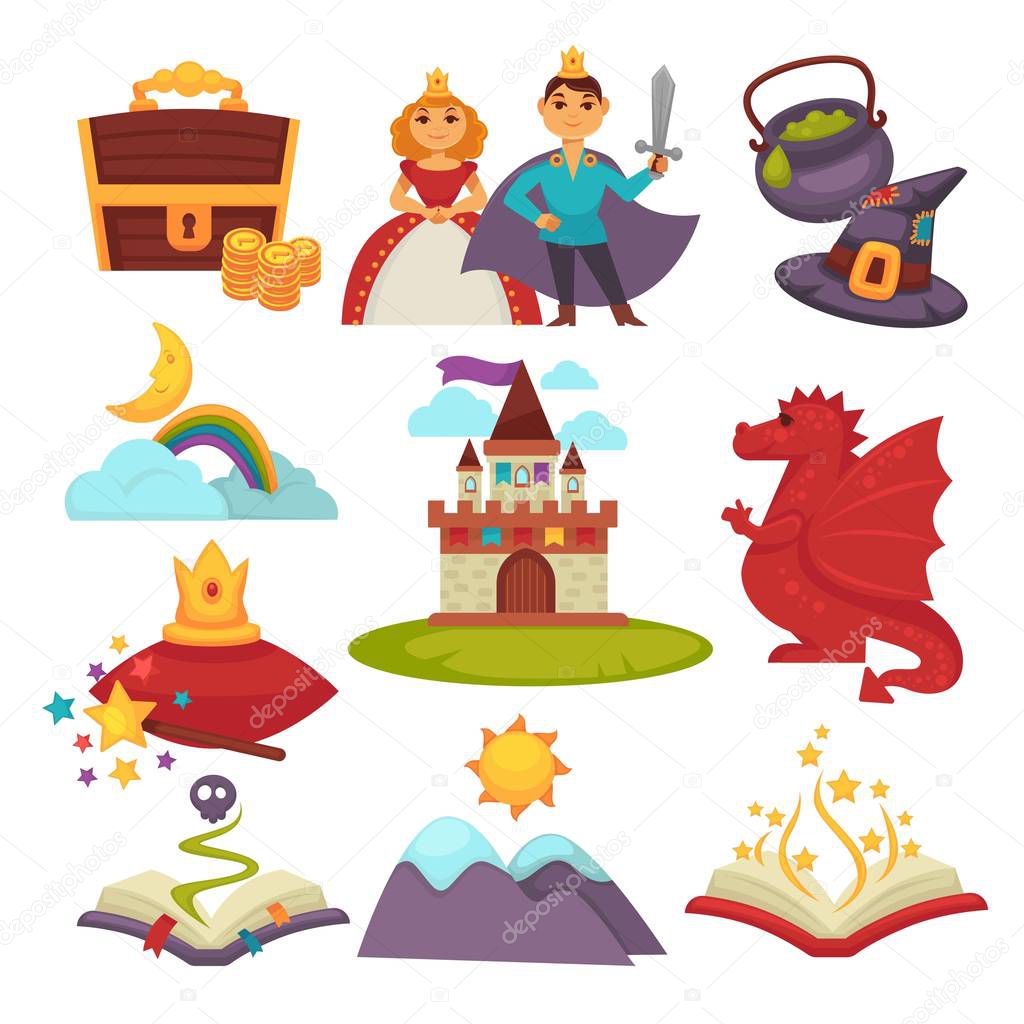 Fantastic land and fairy tale characters isolated objects vector treasure chest princess and prince with hat and cauldron rainbow and moon castle and dragon crown and magic book mountain fantasy.