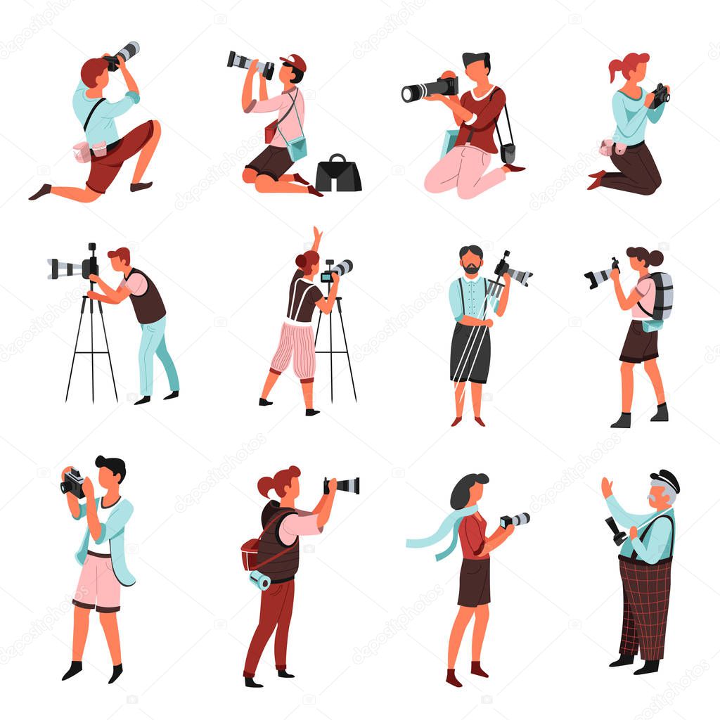 Photo camera and photographers men and women with isolated male and female characters vector shooting or photographing paparazzi or journalists tripod and bags with spare lenses photography and shots.