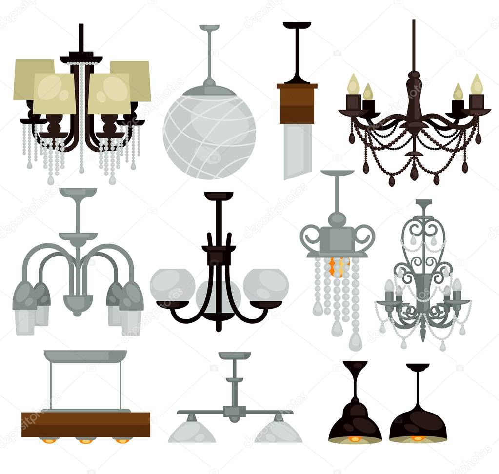 Light stylized lamps and chandeliers isolated interior objects vector house lighting bulb and chain crystal or metal plafond home decor and illumination electric item kitchen and living room or office.