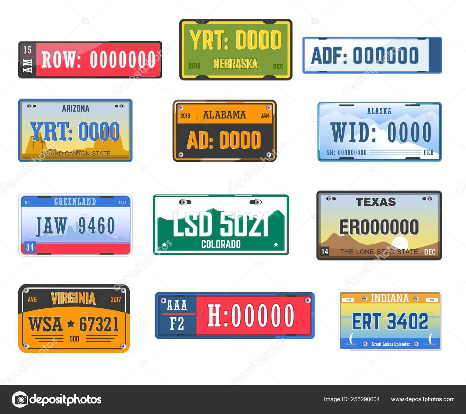 자동차 번호판 라이센스 네브라스카와 애리조나 알라바 알래스카 자동차 그린란드 콜로라도 스톡 벡터 - ©Sonulkaster  255290604