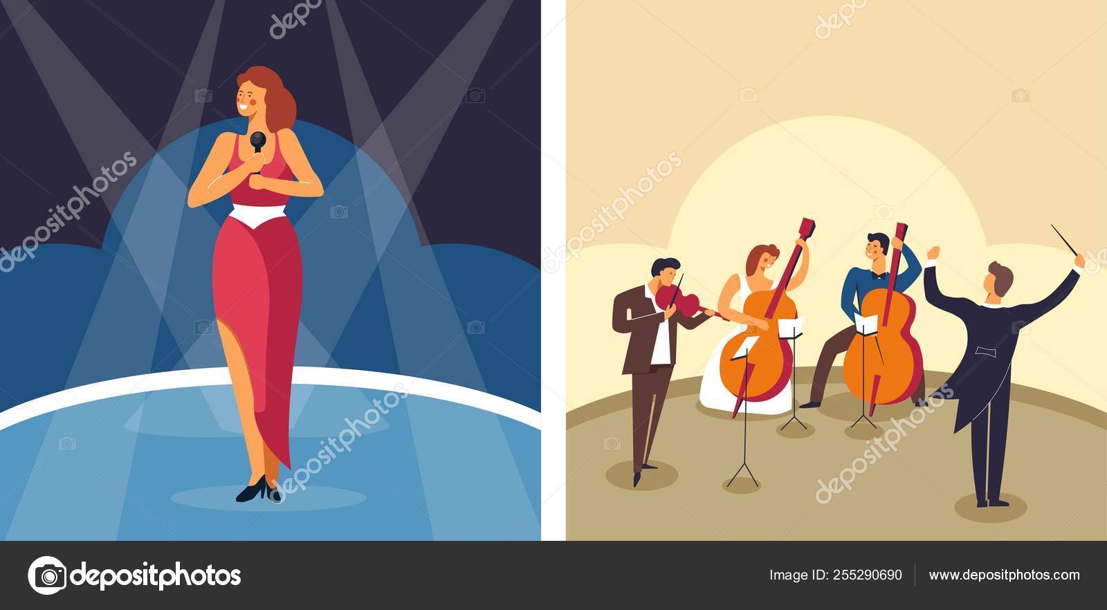 Певица Оркестровая Исполнительница Сцене Музыканты Векторные.