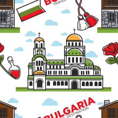 Bulgar gelenekleri Bulgaristan seyahat hedef Dikişsiz desen vektör Memorial Kilisesi Alexander Nevsky ve baba Marta tatil sembolü martenitsa gül çiçek ve şişe sonsuz doku parfüm.