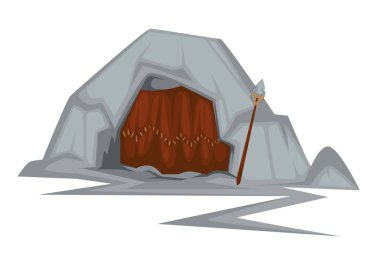 Mağara Taş Devri ilkel insanlar tarih öncesi bina konut delikle hayvan cilt perde ve mızrağın silah antropoloji ve Paleontoloji tarihi kaya ya da tünel evrim izole kulübe vektör.