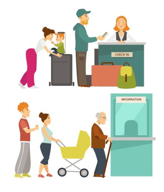 Bilgi penceresi veya Danışma hattı veya sıra kadın ve erkek vektör kontrol karakterleri Havaalanı ve banka ailesi Bagaj ile izole ve resepsiyonist yaşlı anne çocuk arabası ve kulaklık giyen adam.