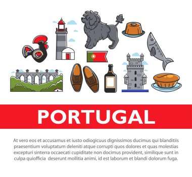 Portekizce Portekiz mimari ve mutfak hayvan ve ayakkabı vektör su köpek doğurmak ve sardalya balık pasta ve Madeira şarap tuğla köprü kil horoz süsleme deniz feneri ile seyahat semboller.