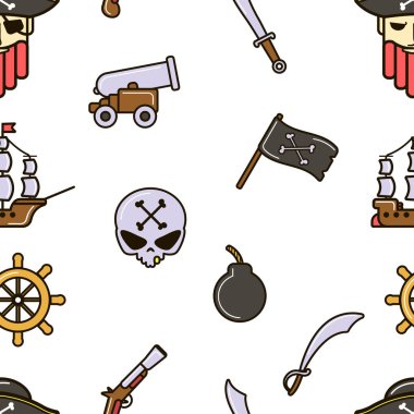 Korsan seamless modeli korsan kafatası ve kemikler gemi ve top vektör bayrak Deniz ceza kılıç ve gemi silah ya da tabanca direksiyon sonsuz doku deniz sembolleri deniz macera seyahat.