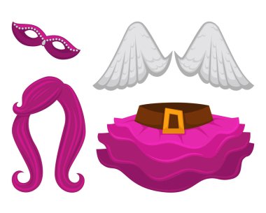 Halloween veya karnaval kılık maske ve peruk öğeleri vektör Melek kanatları ve etek kemer peri ile izole veya pink saç ve yüz kapağı kadın Festival kıyafeti gizemli Bayan aksesuarları ve giyim.