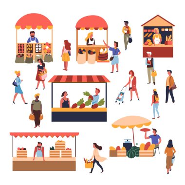 Satış ve organik gıda satın satıcılar ve müşteriler Pazar çadır ve sayaçları meyve ve sebze pasta vektör taze ekmek çiftlik hasat karpuz ve kavun alışveriş torbaları Satınalmalar satış.