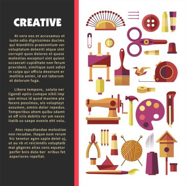 Hobi ve el yapımı craft yaratıcı etkinlik araçları ve malzeme vektör düğmesi ve boya şövale ve makas iğne ve katlama cetvel origami kuş ve boya fırçası dikiş makinesi ve çekiç paleti.