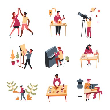 Dans Hobiler boş zaman aktivitesi veya eğlence sanat ve eğlence vektör ve el yapımı craft teleskop ve iskambil müzik çizim ve dikiş kuş yuvası şövale piyano anahtar şarkı aşçı önlük pişirme şövale.