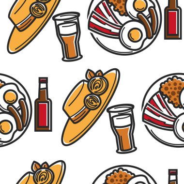 Dikişsiz desen kadın şapka bira ve İngiliz kahvaltısı vektör headdress içecek ve gıda pastırma ile kızarmış yumurta ve sosis alkol içecek Kupası'nda İngiltere'ye simgelerini ve şişe aksesuar ile çiçekler.