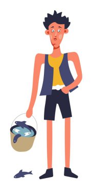 Erkek karakter vektör adam şort havuz carps su gıda ve su ısıtıcısı ile catch eğlence eğlence yaz açık hava etkinliği köylü taşıyan balıkçı çocuk balık kova balık tutma hobi izole.