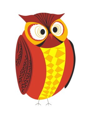 Baykuş gözleri iri vektör orman kuş kırmızı ve sarı tüyleri gece yırtıcı hayvan bilgelik izole ve bilgi sembolü şişkin göz süslü tüyleri Hayvanat Bahçesi Biyoloji türler Ornitoloji kanat ve Gaga vahşi.