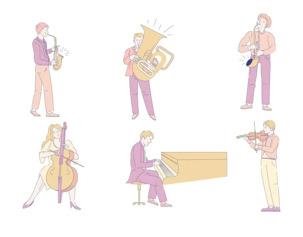 Música Espectáculo Músicos Instrumentos Musicales Orquesta Vector Personajes Aislados Saxofón — Vector de stock