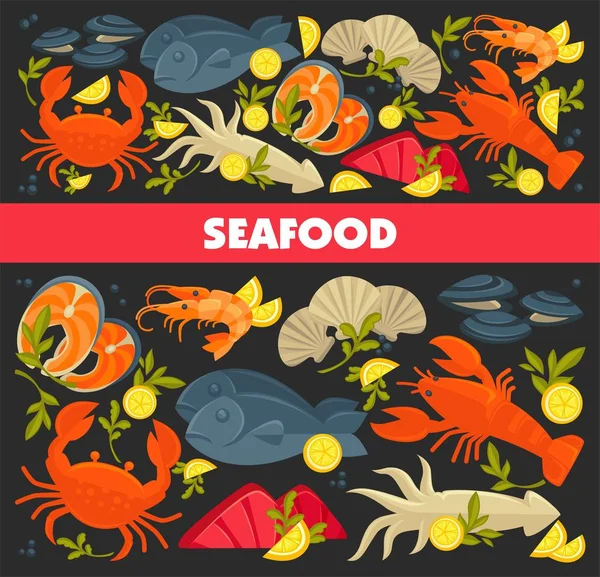 Fish Lobster Seafood Crab Prawn Shrimp Vector Squid Salmon Oysters — Stock Vector