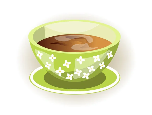 热饮茶杯在茶杯杯与花图案矢量餐具和酿造饮料玻璃器皿形状厨房和家庭早餐咖啡馆或自助餐厅家庭陶瓷餐具 — 图库矢量图片