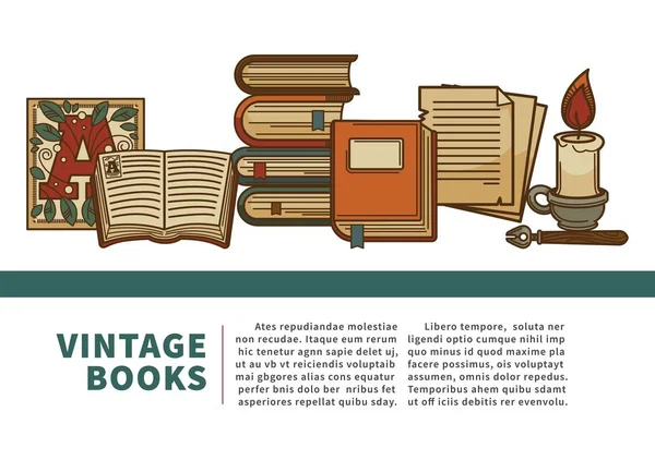 Volumes Stapel Vintage Boeken Manuscript Geschiedenis Leerboeken Vector Initiaal Perkament — Stockvector