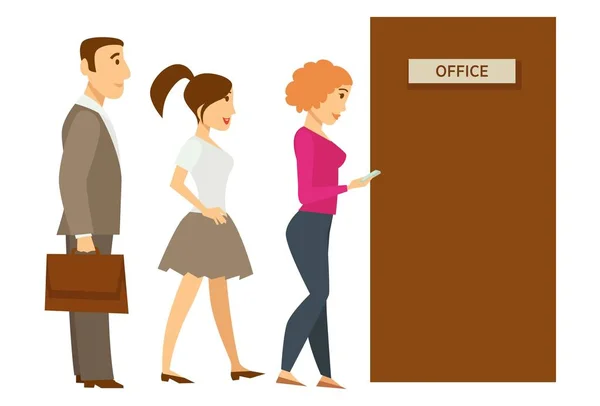 排队到办公室门口的女人和男人商人和秘书向量排队老板接待小时的工作面试或会计部门的工资接收字符与公文包或智能手机等待 — 图库矢量图片