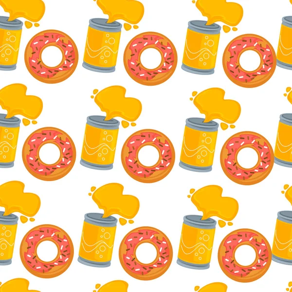Fast food and drink soda and donut seamless pattern snack vector lemonade in can and doughnut with glaze and sprinkles endless texture unhealthy nutrition wallpaper print street meal breakfast.