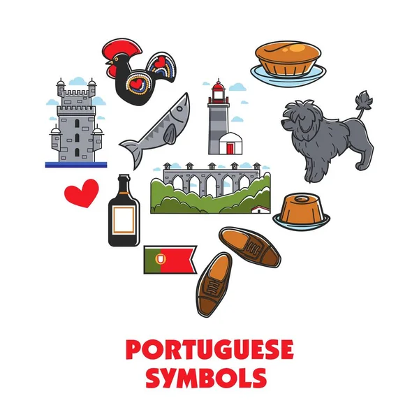 Viaje Portugal Símbolos Portugueses Corazón Arquitectura Comida Animal Vector Agua — Vector de stock